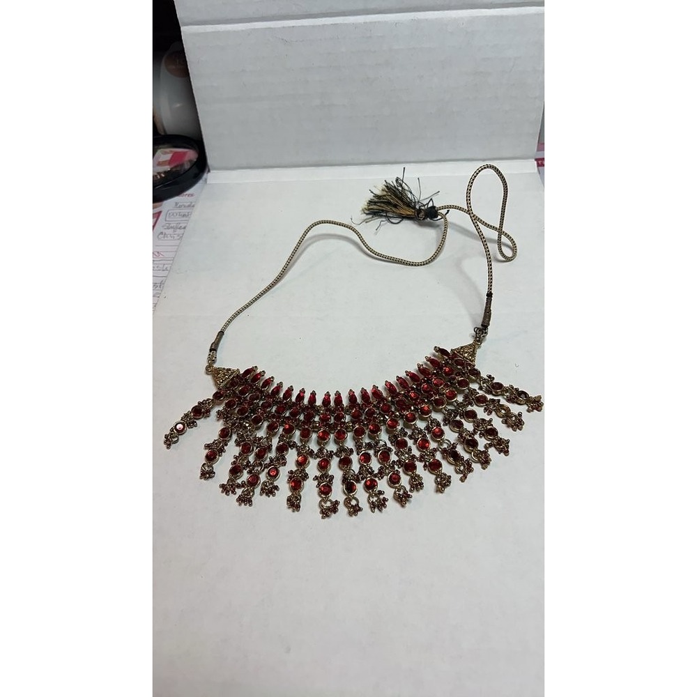 Vintage Indian Bridal Choker Red Rhinestone Fringe Necklace